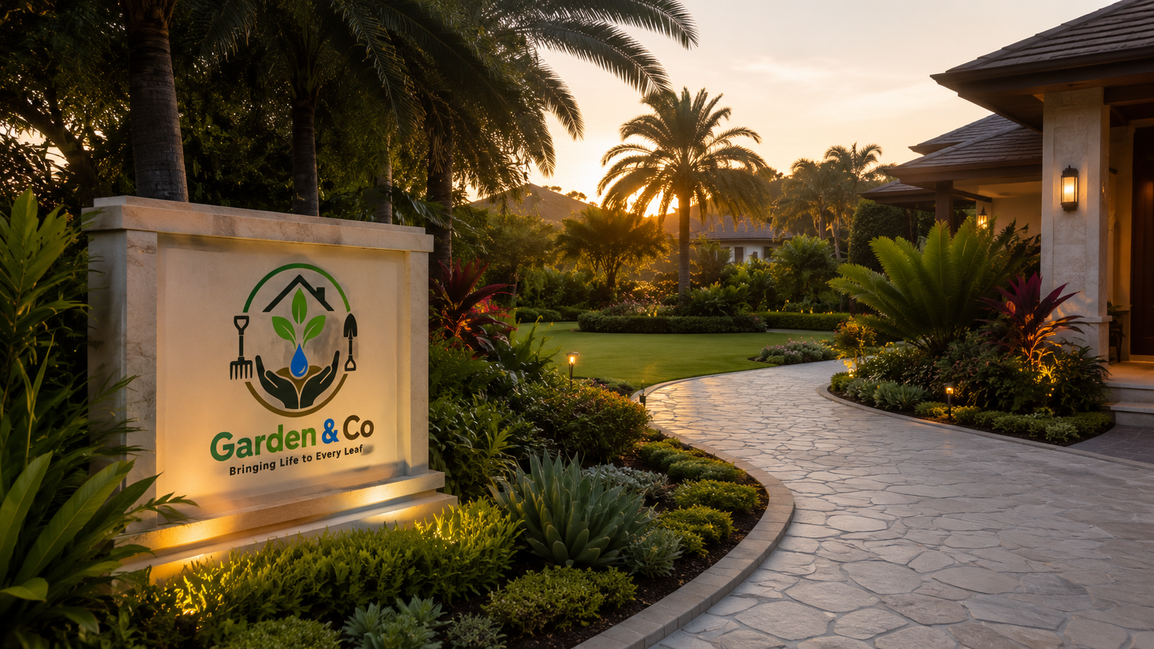 Premium Garden & Co landscape entrance with branded sign
