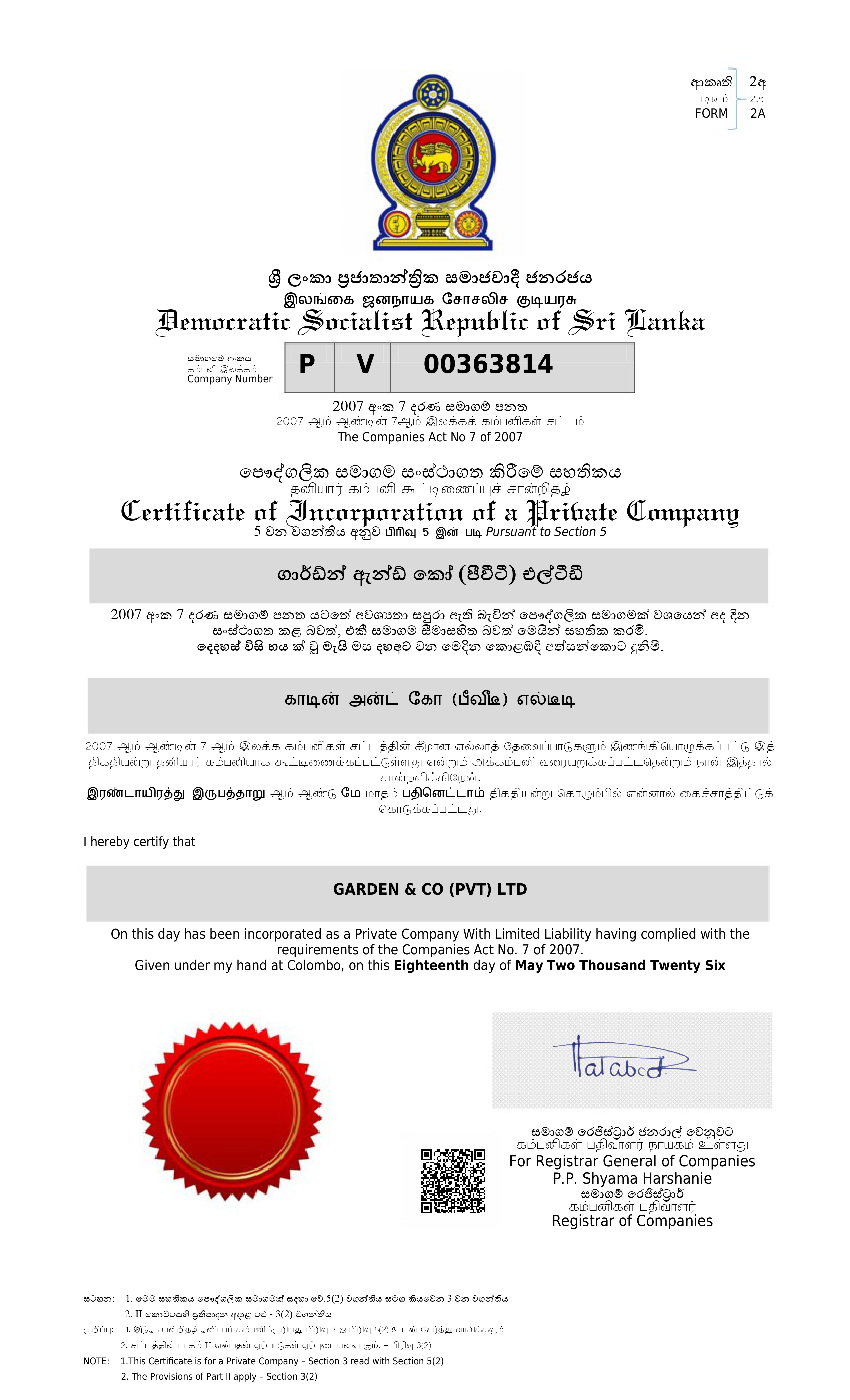 Garden & Co business registration certificate